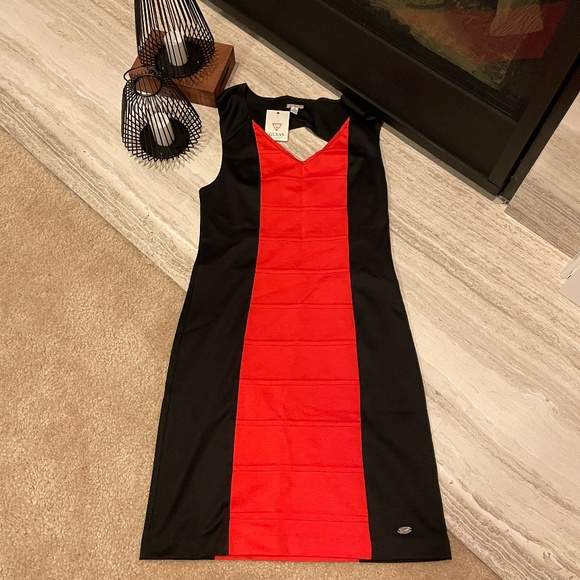 NWT GUESS Bodycon Dress - Black and Red Orange - Picture 3 of 9